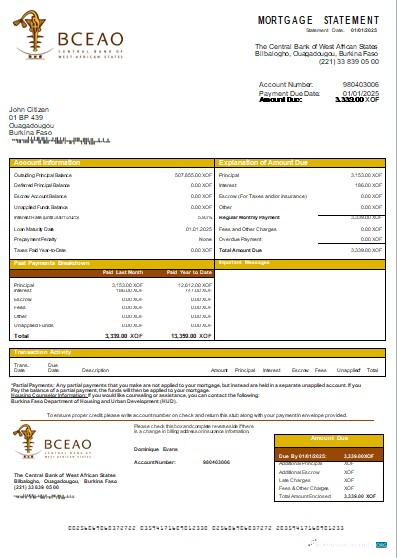 Download Burkina Faso The Central Bank of West African States bank mortgage statement scr Photoshop template